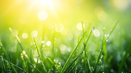 Wall Mural - Close-up of Dew-Covered Grass Blades with Sun-Kissed Bokeh