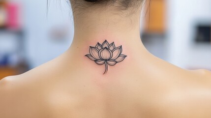 Poster - A woman's back with a lotus tattoo on her neck, AI