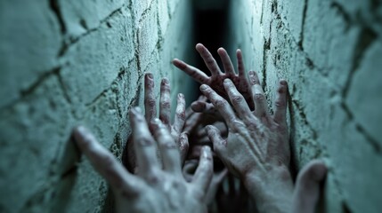 Wall Mural - A group of hands reaching out from a brick wall, AI