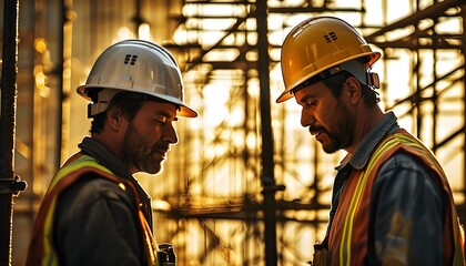 Collaboration of construction workers in hard hats and reflective vests amidst steel scaffolding illuminated by golden light