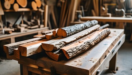 Rustic workspace filled with assorted logs awaiting transformation into unique woodworking creations