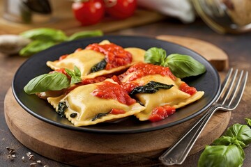 Tasty cooked italian ravioli with tomato sauce and basil served on dark plate