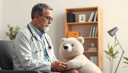 Old male psychologist and soft bear in the room isolated with white highlights, png