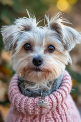 Canvas Print - A small dog wearing a pink sweater and a gray scarf