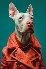 Poster - A white dog wearing a red coat and a turtle neck sweater