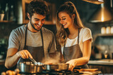 Młodzi ludzie - kobieta i mężczyzna uśmiechnięci wspólnie gotują w kuchni swojego domu.