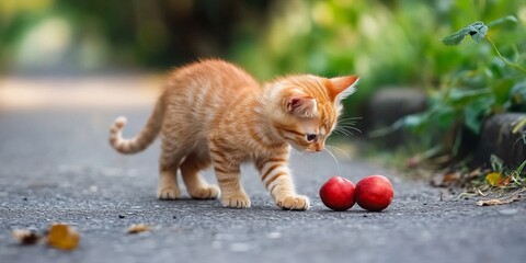 Wall Mural - A curious orange kitten explores the outdoors. It plays with two red balls, showcasing its playful nature. The scene is vibrant and full of life. This image captures a moment of joy. AI