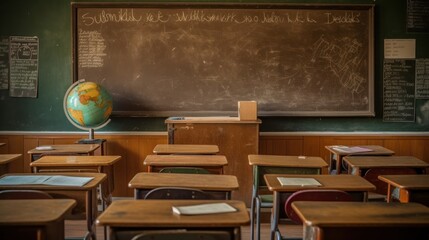 Wall Mural - Empty Classroom with Chalkboard and Globe