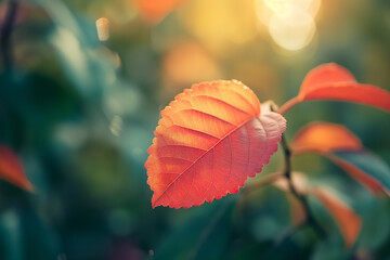 Wall Mural - a close-up of an autumn leaf in the sun, resting on green leaves with a blurred background