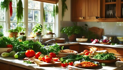 Inviting sunlit kitchen counter brimming with fresh herbs, vibrant vegetables, and legumes, inspiring healthy and delicious home-cooked meals.