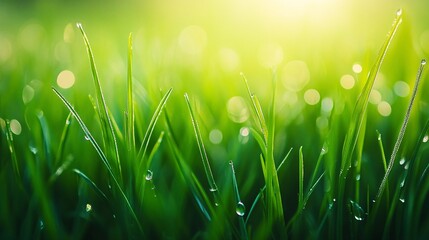 Wall Mural - Dewdrops on Lush Green Grass Blades in Sunlight