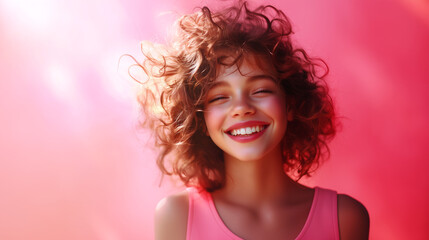 teenage girl with curly hair smiling on pink background