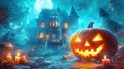 Halloween pumpkin with candlelight in front of a haunted house background,