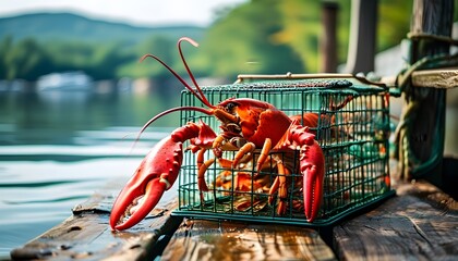 Colorful lobster traps on a wooden dock by the water, poised for a day of fishing adventure.