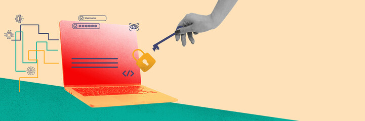Hand unlocking laptop with key, symbolizing symbolizing cybersecurity measures, protecting online data, and secure access to digital information. Contemporary art. Concept of cybersecurity, business