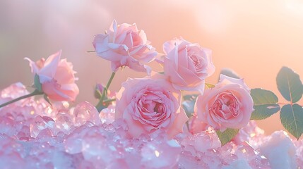 Wall Mural - Pastel roses and pink quartz grains against a foggy pink sky