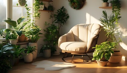 Wall Mural - Serene sunlit nook with a cozy chair and lush houseplants inviting relaxation and tranquility