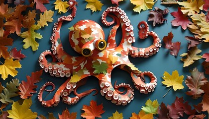 Wall Mural - Creative exploration of a child crafting a cardboard octopus amid vibrant autumn leaves, celebrating imagination and the joy of the season.