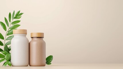 Two stylish bottles with wooden lids sit beside a green leaf, showcasing modern packaging against a soft, neutral background.