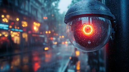 A security camera in the rain, with a red light glowing, overlooking a city street at night.