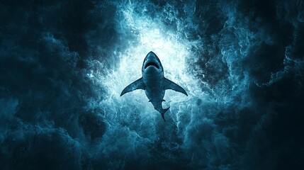 Canvas Print - Shark emerging from a cloud of venom liquid, focus on fear, ethereal, silhouette, dark ocean backdrop 