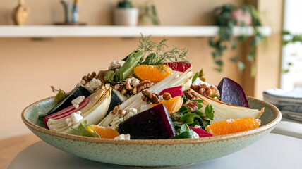 A vibrant winter salad with fresh fruit and vegetables in a bowl, with a soft restaurant background. 