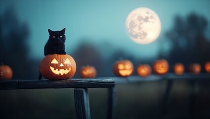 A black cat sits atop a carved pumpkin under a full moon, surrounded by glowing jack-o'-lanterns in a serene, twilight setting.