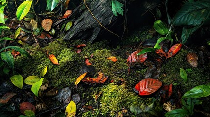 A vibrant forest floor with moss and fallen leaves, showcasing nature's beauty.