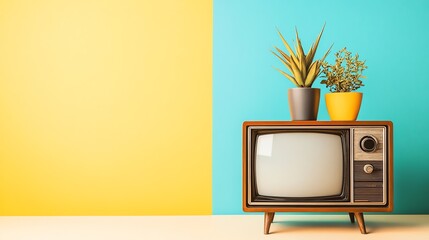 Wall Mural - A vintage television with a blank screen sits on a table with plants. The wall behind it is yellow and blue.