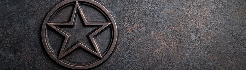 Stylish metal star emblem with a rustic background, ideal for design and decoration themes.