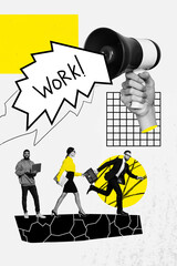 Poster - Vertical photo collage of hand boss hold megaphone promote workload running girl guy employee partners career isolated on painted background