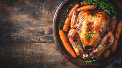 A perfectly roasted chicken with a golden-brown, crispy exterior is served alongside sweet, glazed carrots and garnished with fresh rosemary. The dish is set on a rustic wooden table, with the 