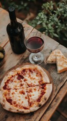 Sticker - A pizza sitting on top of a wooden table next to a glass of wine