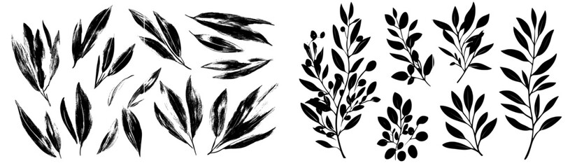 Wall Mural - A collection of long, round leaves on branches, illustrated with black brush strokes. A modern illustration of tropical plants isolated on a white background.