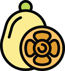 Wall Mural - Eggfruit vector icon showing a whole fruit beside a half, revealing the inside with its five carpels forming a star shape