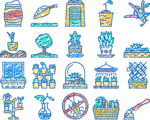 urban gardening agriculture doodle icons set vector. sketch line art garden vegetable, organic community, food green, farm city, plant nature urban gardening agriculture color illustrations