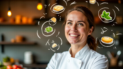 In a contemporary kitchen, a smiling chef appears inspired as she envisions various culinary delights, reflecting her passion and creativity in cooking