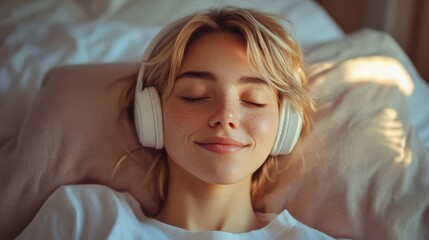 Young woman relaxing with headphones on, lying in bed, eyes closed, enjoying peaceful music, and wearing a soft sweater in a cozy indoor setting.