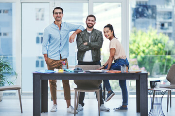 Aufkleber - Happy, business people and portrait with team at office for small business, design or startup together. Young, group or colleagues with smile or confidence for creative career or job at workplace