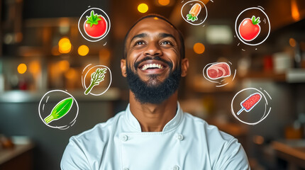 Wall Mural - A chef in a cozy restaurant kitchen beams with joy as various ingredients like tomatoes, carrots, and herbs float around him, symbolizing creativity and passion for cooking