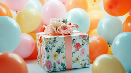 Poster - Floral Wrapping Present and Balloons Background