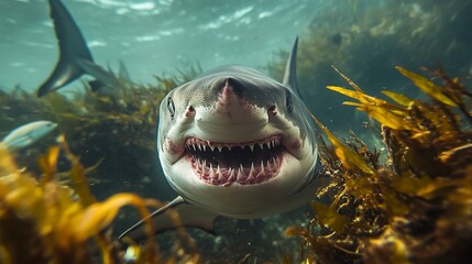 A close-up shot of a shark with its mouth open showing its sharp teeth, in the ocean with seaweed and fish in the background. 