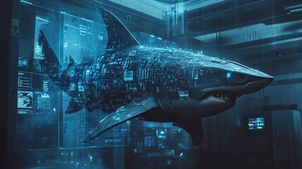 Poster - Formidable Cyborg Shark Analyzing Holographic Data in Moody Dystopian Atmosphere