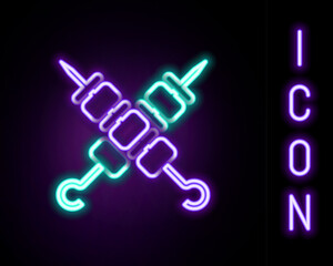 Sticker - Glowing neon line Crossed grilled shish kebab on skewers stick icon isolated on black background. Meat kebab on skewers stick. Picnic with grill meat. Colorful outline concept. Vector