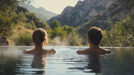 Romantic couple soaking in a natural hot spring surrounded by mountains and trees,  travel and relaxation concept