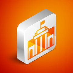 Wall Mural - Isometric Prado museum icon isolated on orange background. Madrid, Spain. Silver square button. Vector