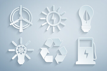 Wall Mural - Set Recycle symbol, Light bulb with leaf, gear, Electric car charging station, Solar energy panel and Rotating wind turbine icon. Vector