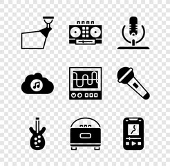 Canvas Print - Set Movie spotlight, DJ remote and mixing music, Microphone, Electric bass guitar, Stereo speaker, Music player, streaming service and Oscilloscope icon. Vector