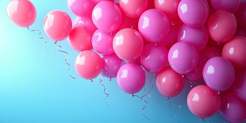 Wall Mural - A cluster of pink balloons, each inflated to perfection, floats against a vibrant blue background, their glistening surfaces reflecting the joyous atmosphere of a celebration