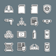 Wall Mural - Set line Smartphone with shield, heart rate, Diploma rolled scroll, Micro SD memory card, Isometric cube, Hair dryer, Download inbox and Document protection icon. Vector